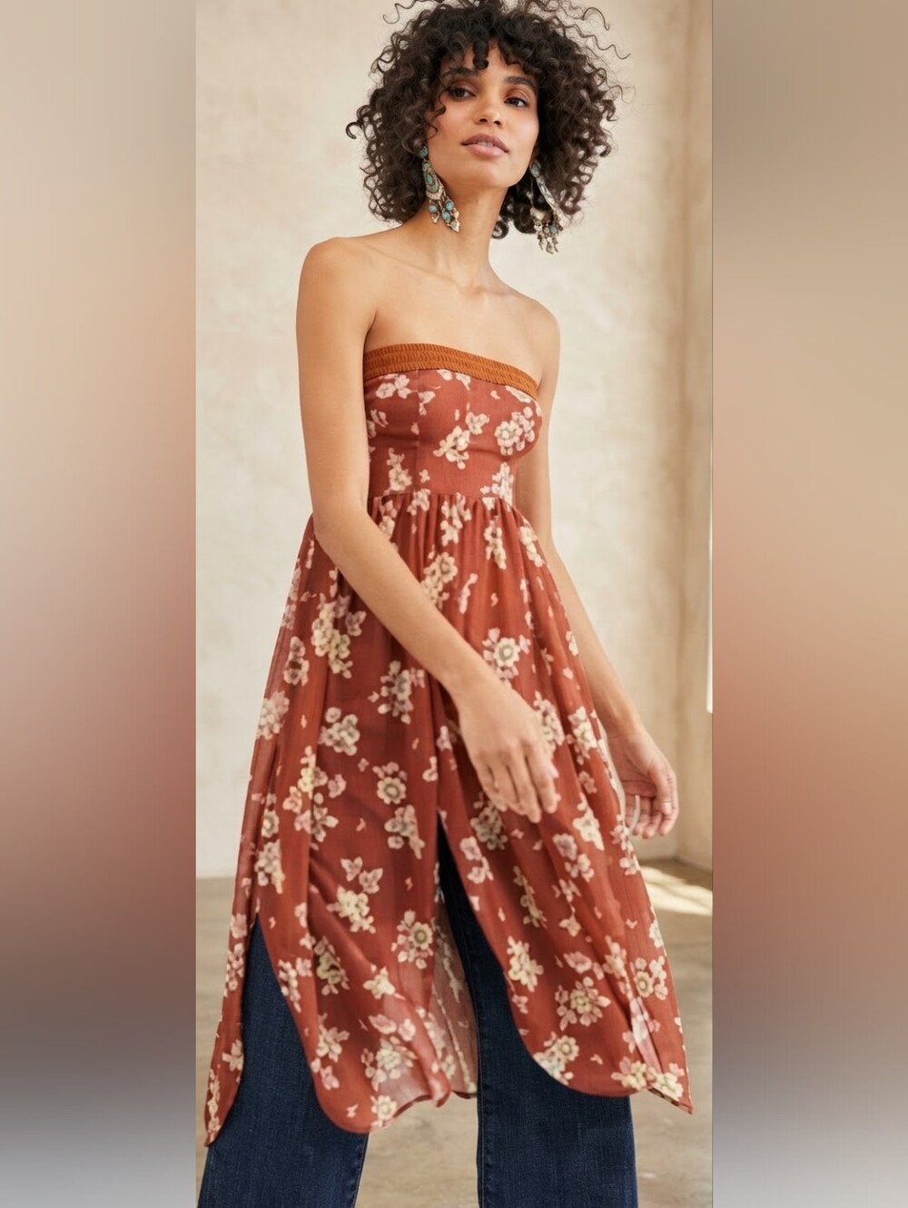 Free People Kitty Tube Top Strapless Tunic Dress rust brown large